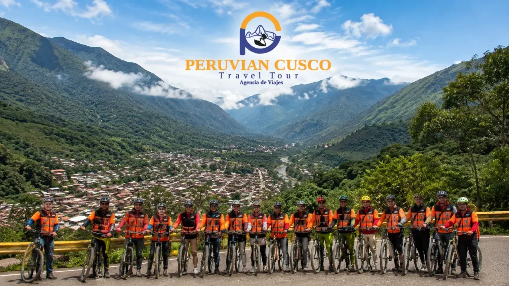Inca Jungle Trek to Machu Picchu — large cycling group at the start of the downhill biking route