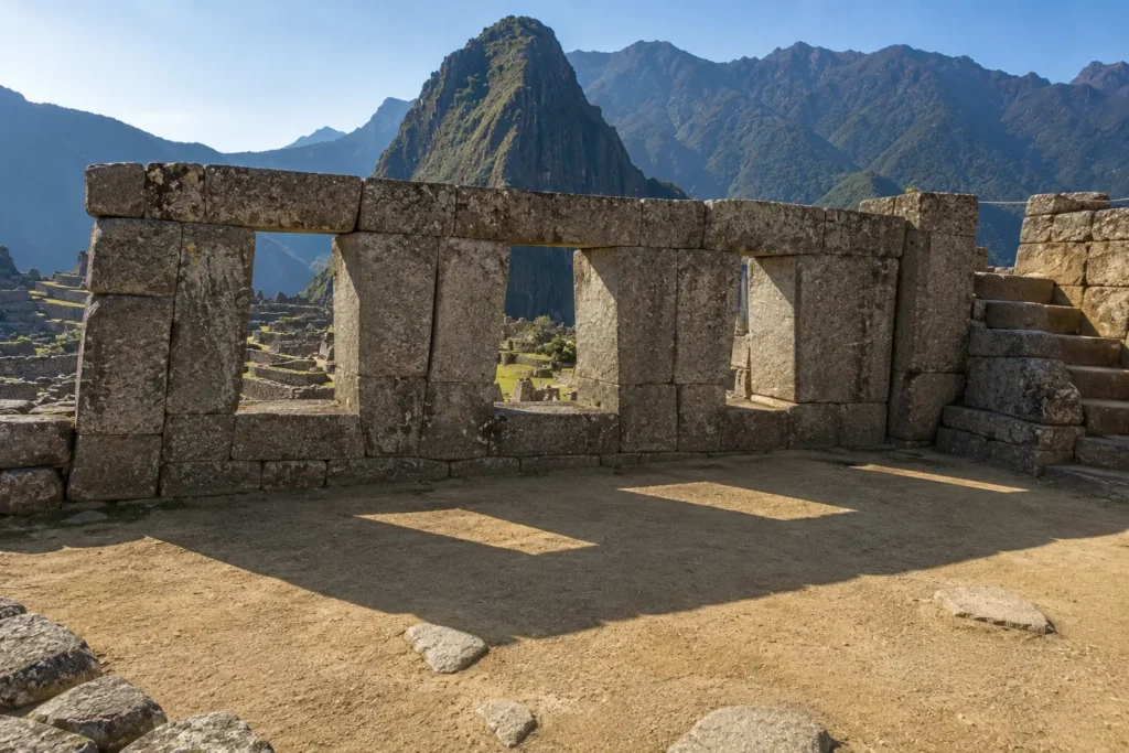 Temple of the Three Windows Machu Picchu history — trapezoidal windows facing east toward the Sacred Plaza