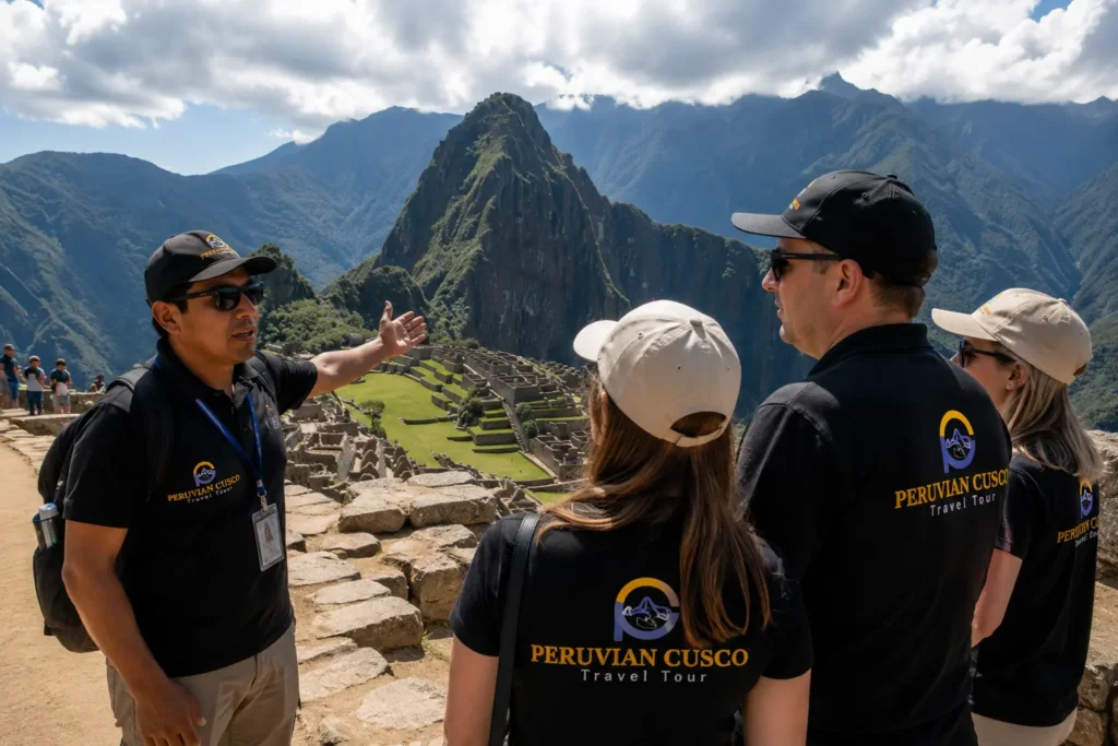 Certified local guide explaining Inca history to international travelers at the ancient citadel