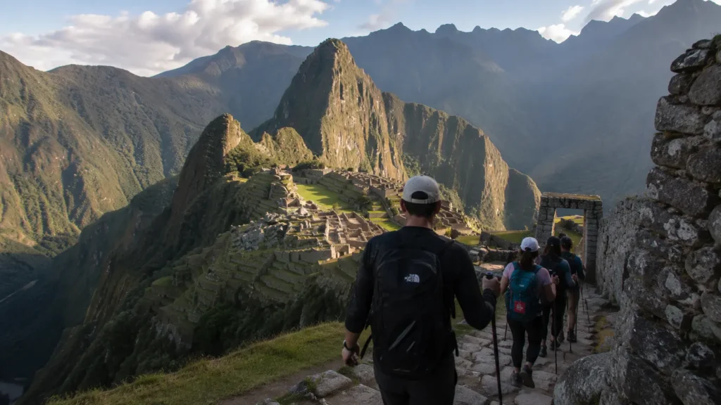Short Inca Trail Sun Gate view — trekkers arriving at Inti Punku with Machu Picchu citadel visible below