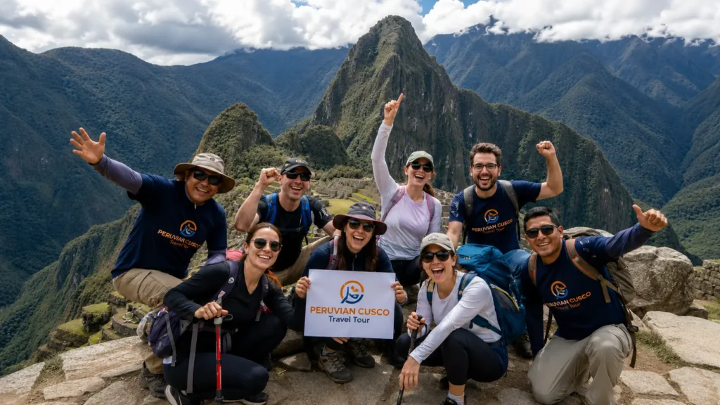 Peruvian Cusco Travel Tour group completing the Short Inca Trail — happy travelers at Machu Picchu citadel viewpoint