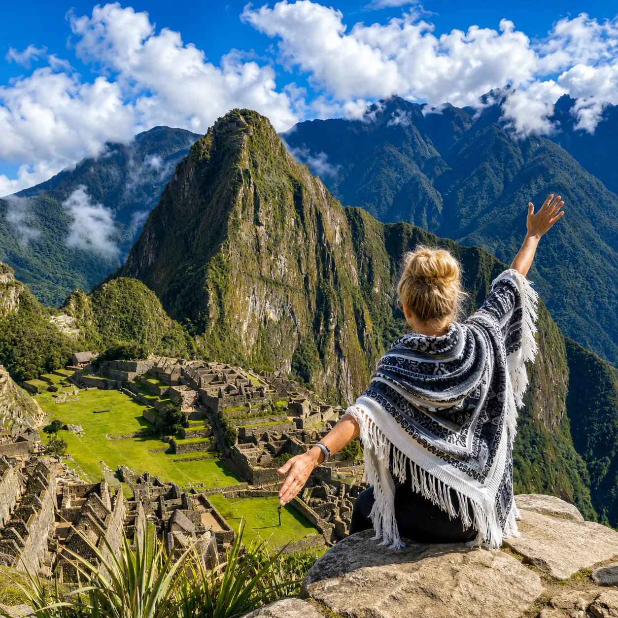 Panoramic sunrise view of the Machu Picchu citadel from the main access path
