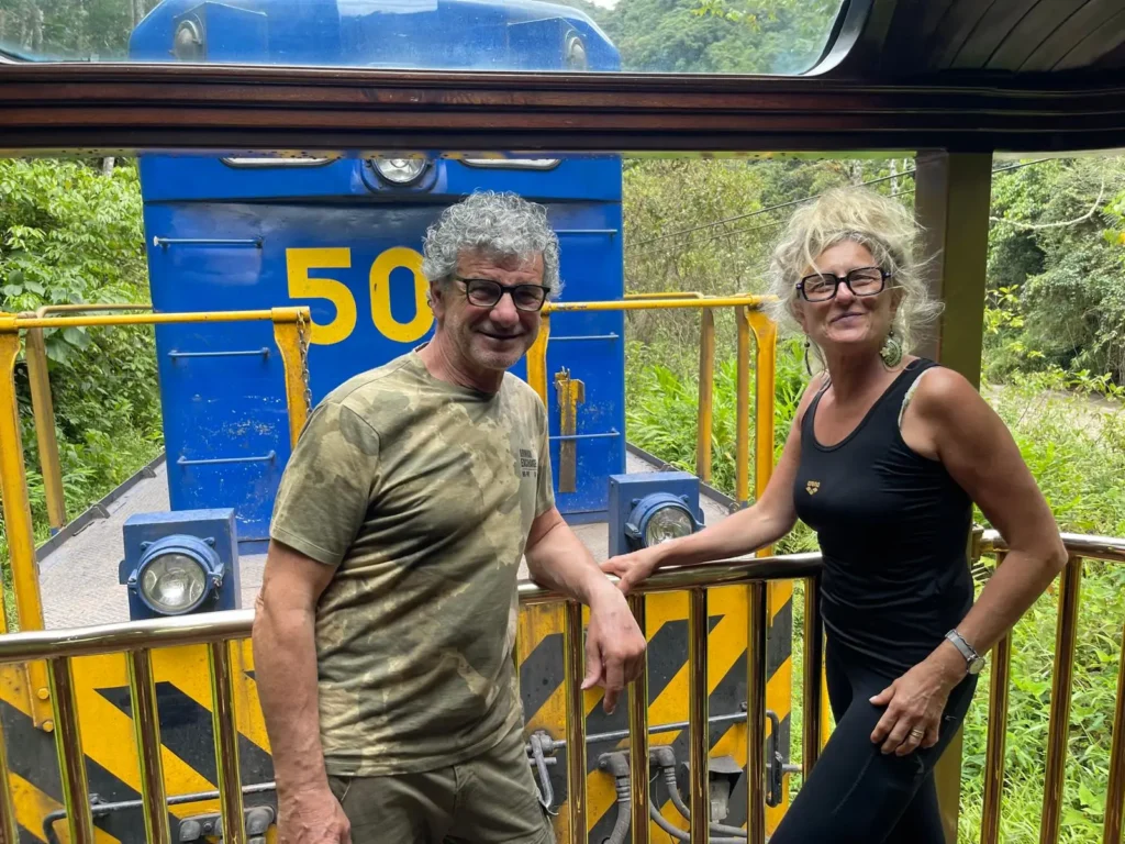 Scenic Andean railway through a valley with snow-capped mountains