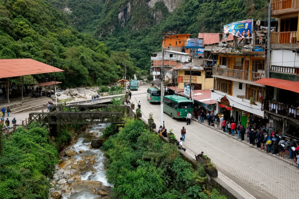 buses Machu Picchu terminal — Consettur departure point in Aguas Calientes with travelers queuing