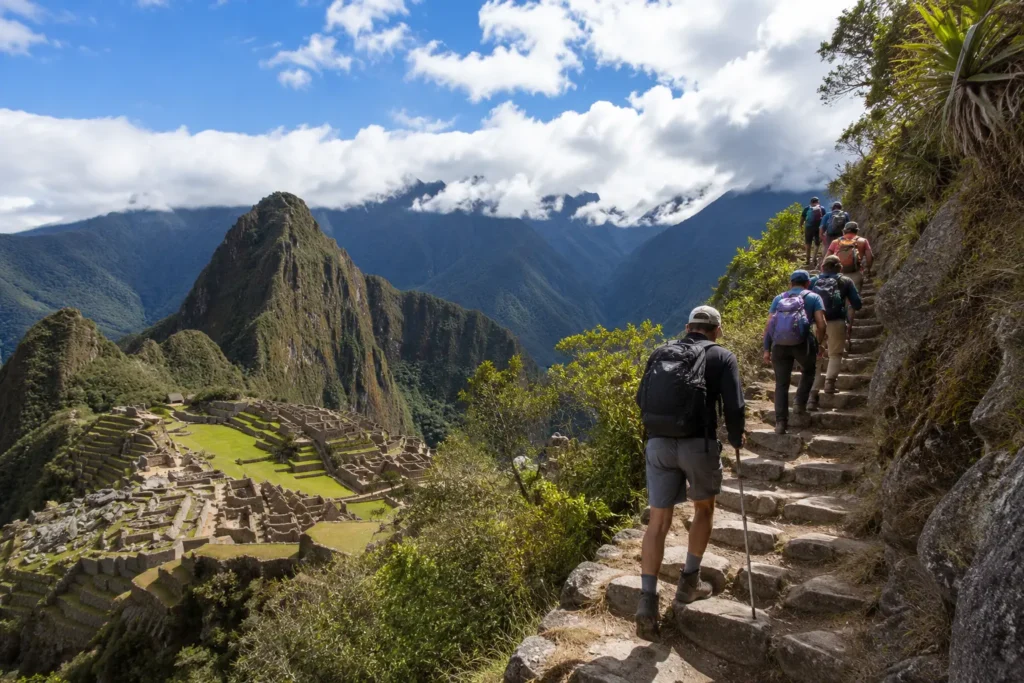 Hikers climbing the stone steps of Machu Picchu Mountain trail