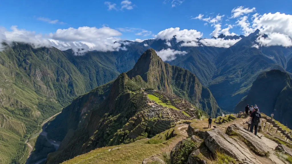 Panoramic view of Machu Picchu citadel from Machu Picchu Mountain summit