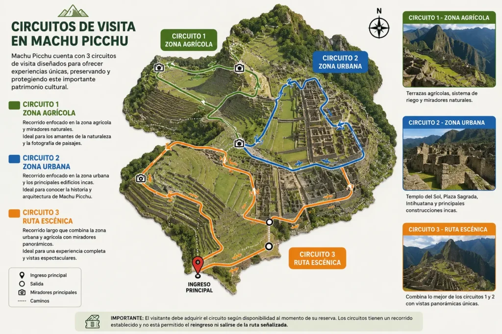 Visiting circuits map — three routes inside the Inca citadel showing agricultural and urban zones
