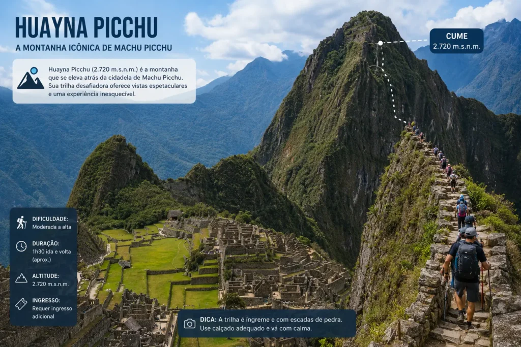 Machu Picchu reservation Huayna Picchu — dramatic mountain peak above the citadel with trekkers on the summit path
