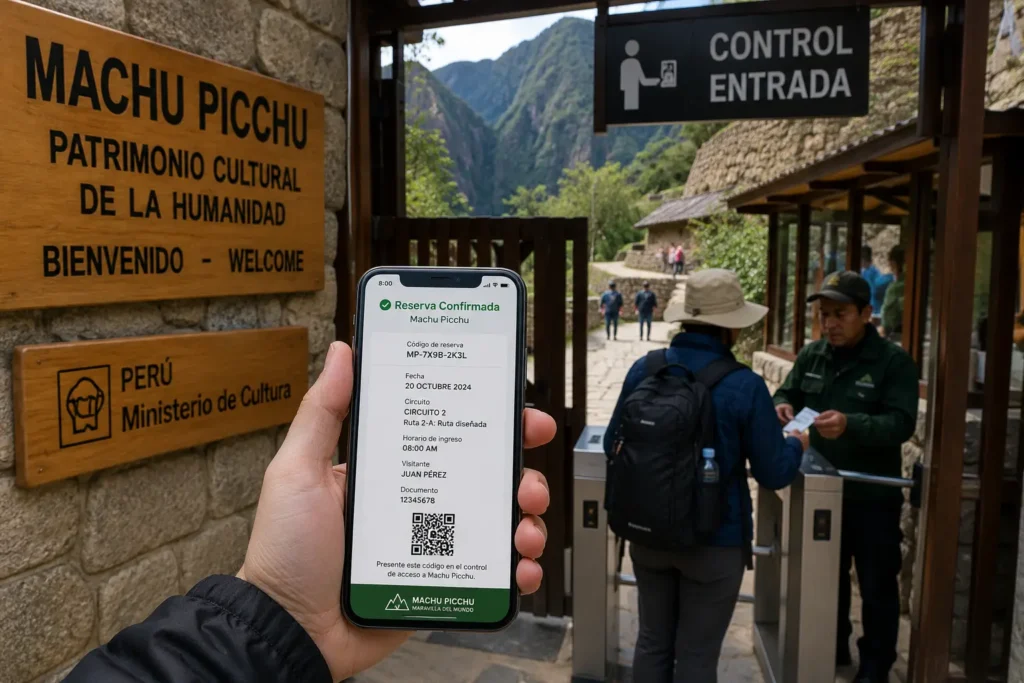 confirmed Machu Picchu reservation ticket on smartphone at the citadel entrance gate