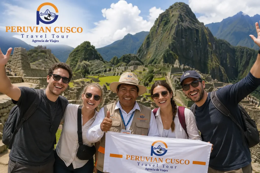 Peruvian Cusco Travel Tour group with certified guide inside Machu Picchu after completing their reservation