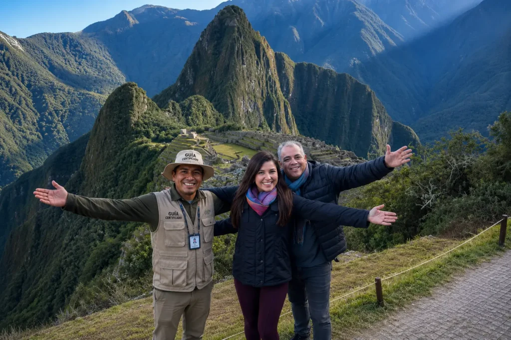 Peruvian Cusco Travel Tour certified guide leading Salkantay Trek group through Andean landscape toward Machu Picchu