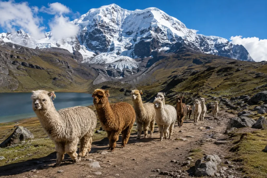 Alpacas walking along the Ausangate 7 Lakes circuit with the snow-capped mountain in the background