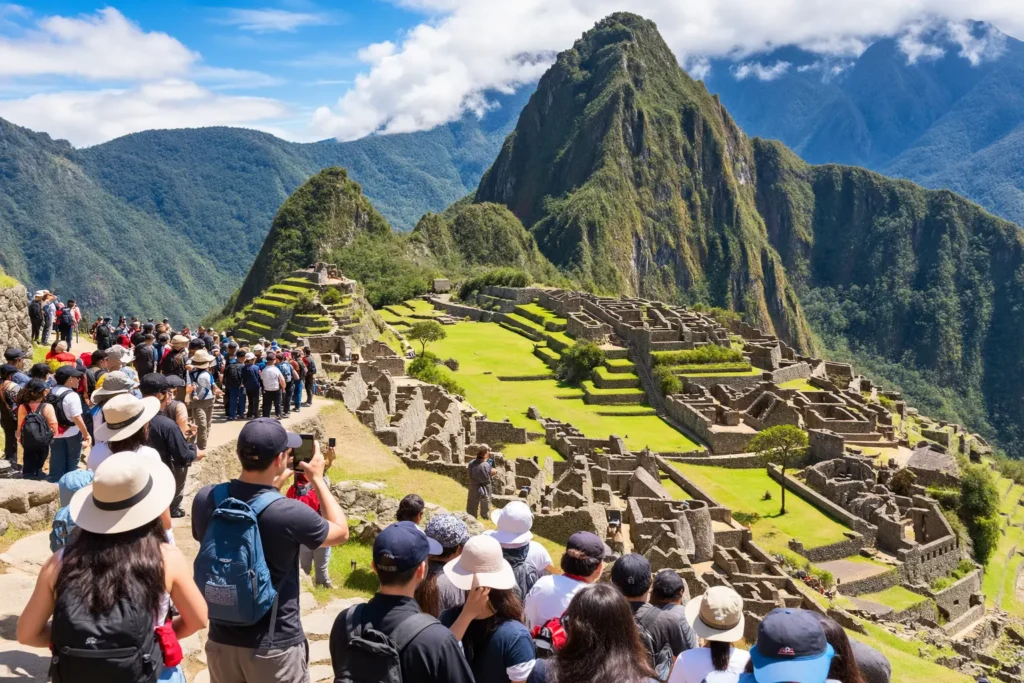 Crowded viewpoint of the Inca citadel during peak season